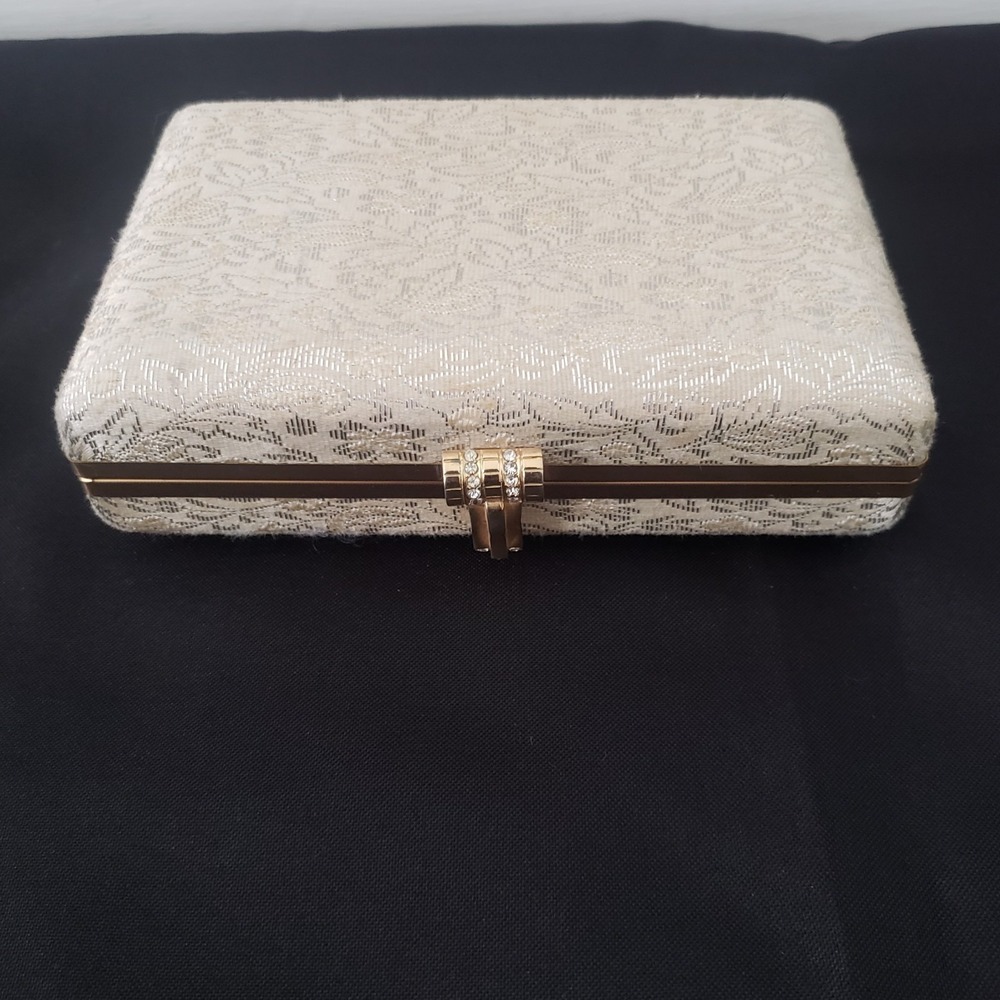 Vintage Velupte Brocade Fabric Clutch Rhinestones Lined Wedding Formal Ivory